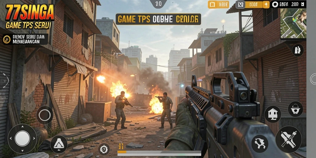 Tampilan gameplay seru dalam 77SINGA yang menampilkan aksi tembak-menembak.