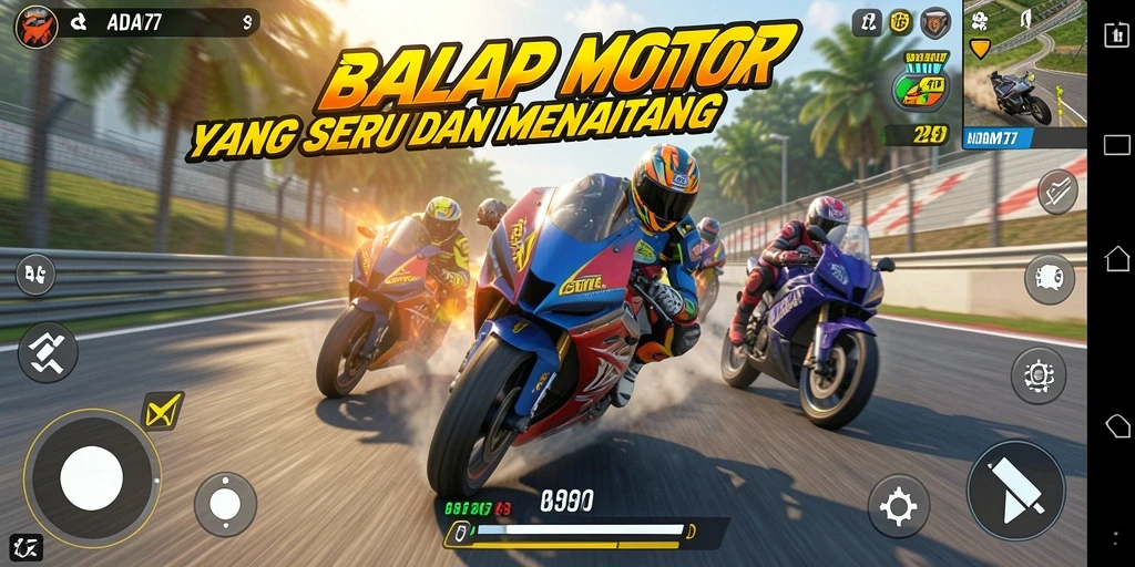 Tampilan gameplay seru dalam balapan motor ADAM77.