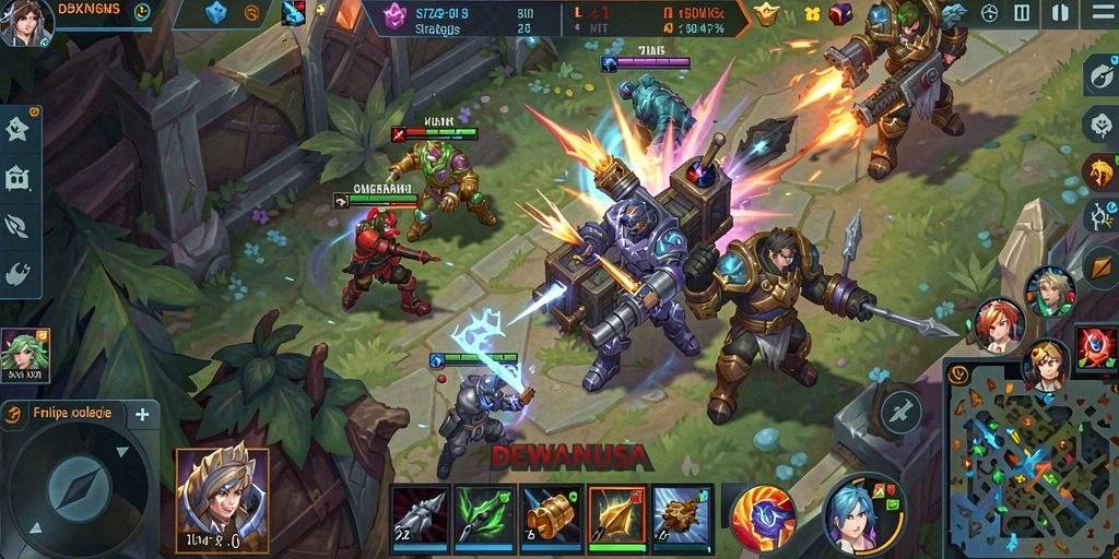 Tampilan seru gameplay MOBA di DEWANUSA dengan aksi tim yang intens.