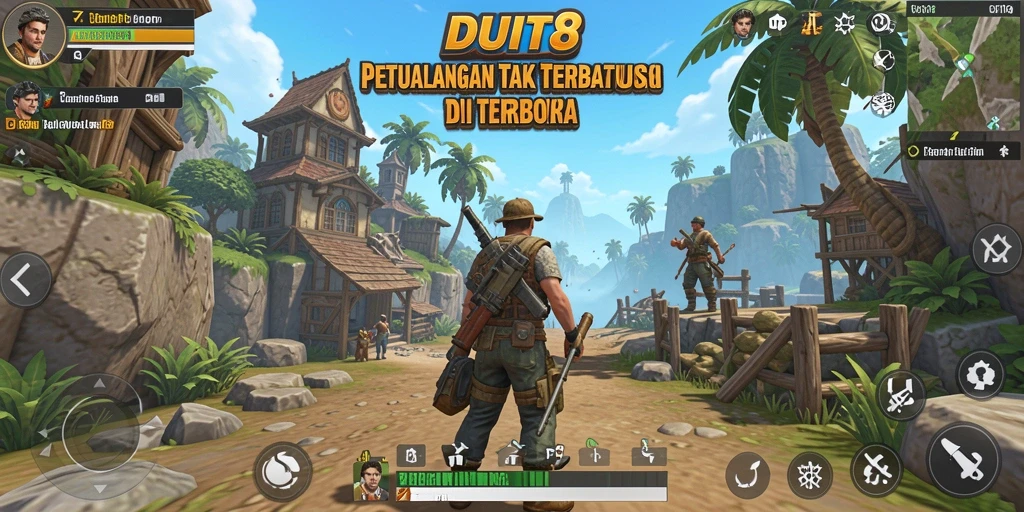 Screenshot utama DUIT8 menampilkan petualangan seru dalam dunia terbuka.