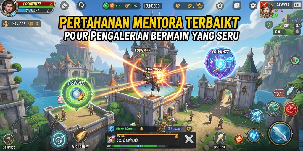 Screenshot gameplay FORWIN77 menunjukkan aksi seru pertahanan menara.