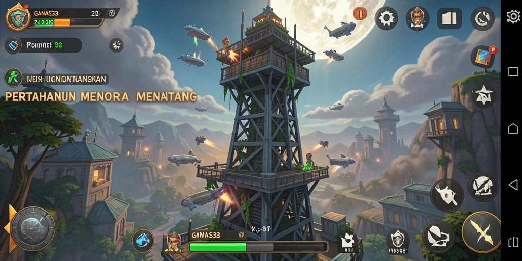 Tangkapan layar gameplay GANAS33 menampilkan serangan menara yang dramatis.