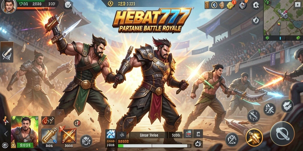 Tangkapan layar utama HEBAT777 menunjukkan aksi mendebarkan dalam pertandingan Battle Royale.