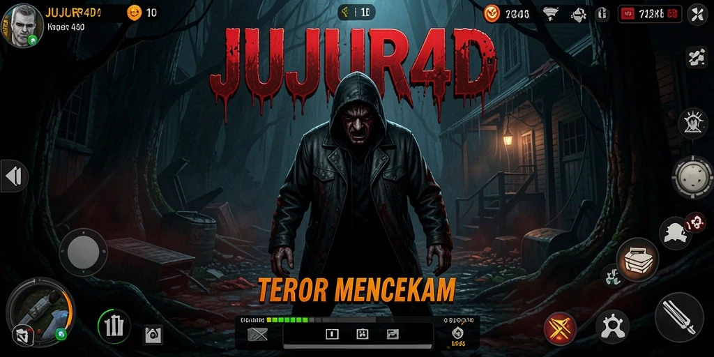 Gameplay JUJUR4D yang menampilkan suasana horor menyeramkan.