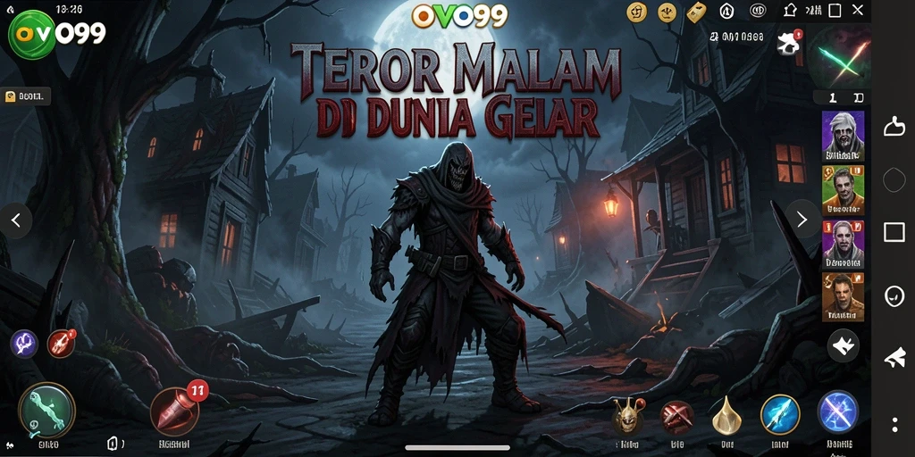 Screenshot gameplay OVO99 menampilkan momen mencekam di dunia gelap.