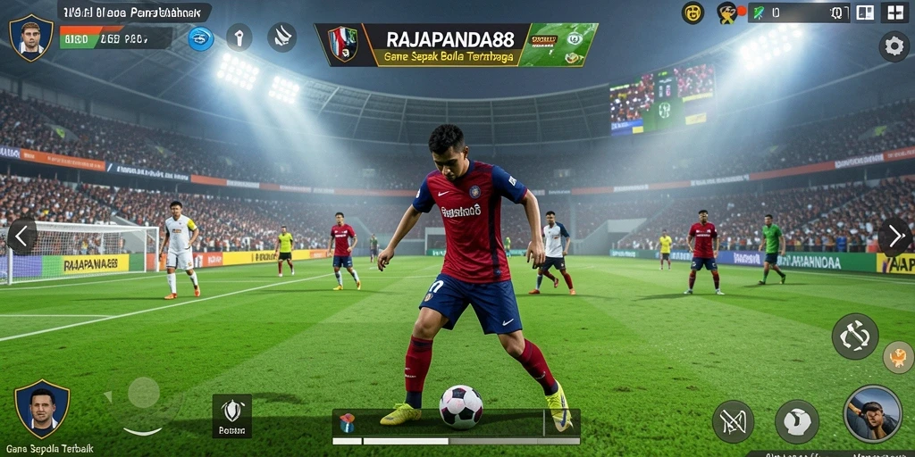 Screenshot gameplay RAJAPANDA88 menampilkan aksi seru di lapangan sepak bola.