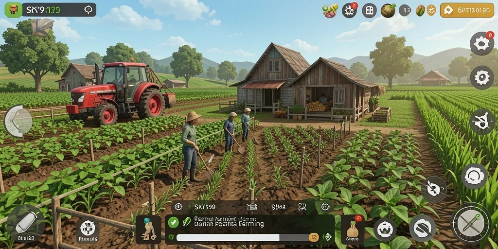 Tangkapan layar utama gameplay SKY99 yang menunjukkan suasana pertanian yang hidup.