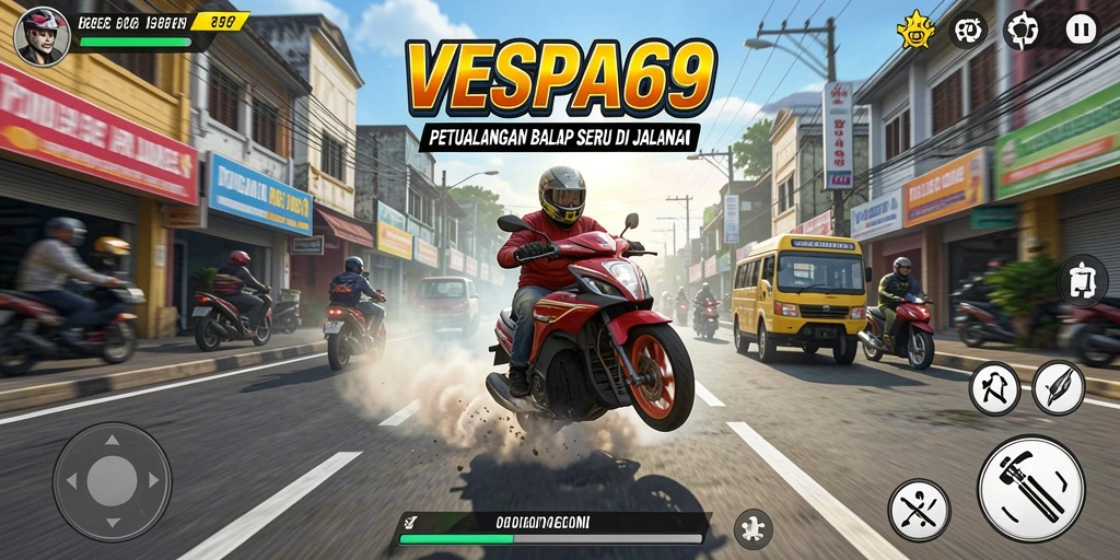 Gameplay VESPA69 yang seru dengan balapan dan kendaraan Vespa.