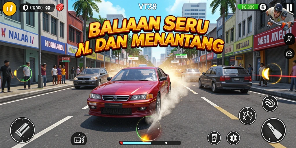 Tangkapan layar gameplay VT38 dengan aksi balapan yang intens.