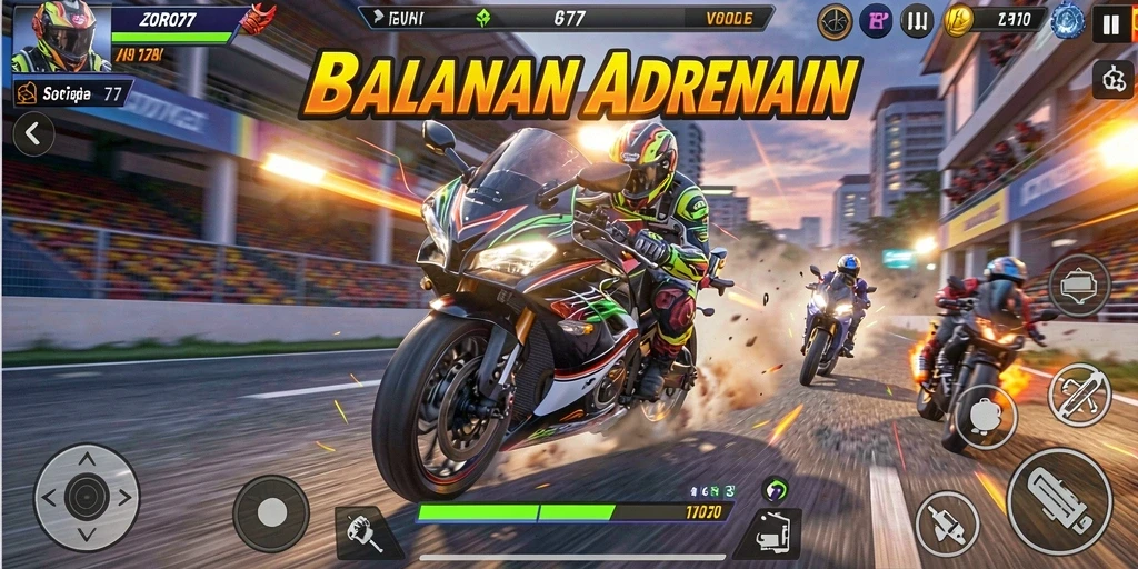Gameplay seru ZORO77 dengan balapan motor yang menegangkan.